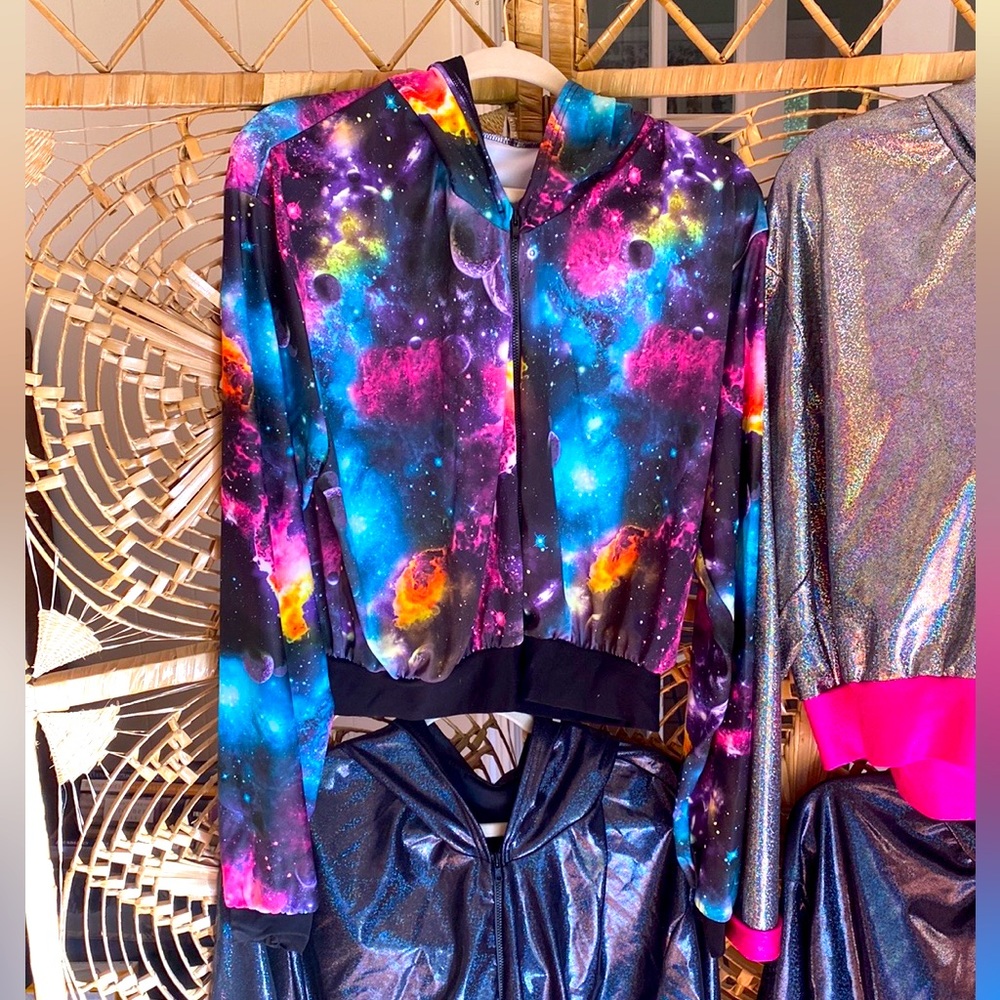 Coquetry Clothing Galaxy Print Kimberly Bomber Jacket L $135